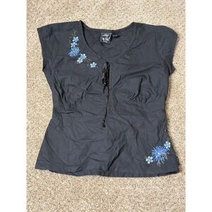 Lost Girl Black Cotton Floral Embroidered Lace Up Blouse Top Fairycore Y2K Large